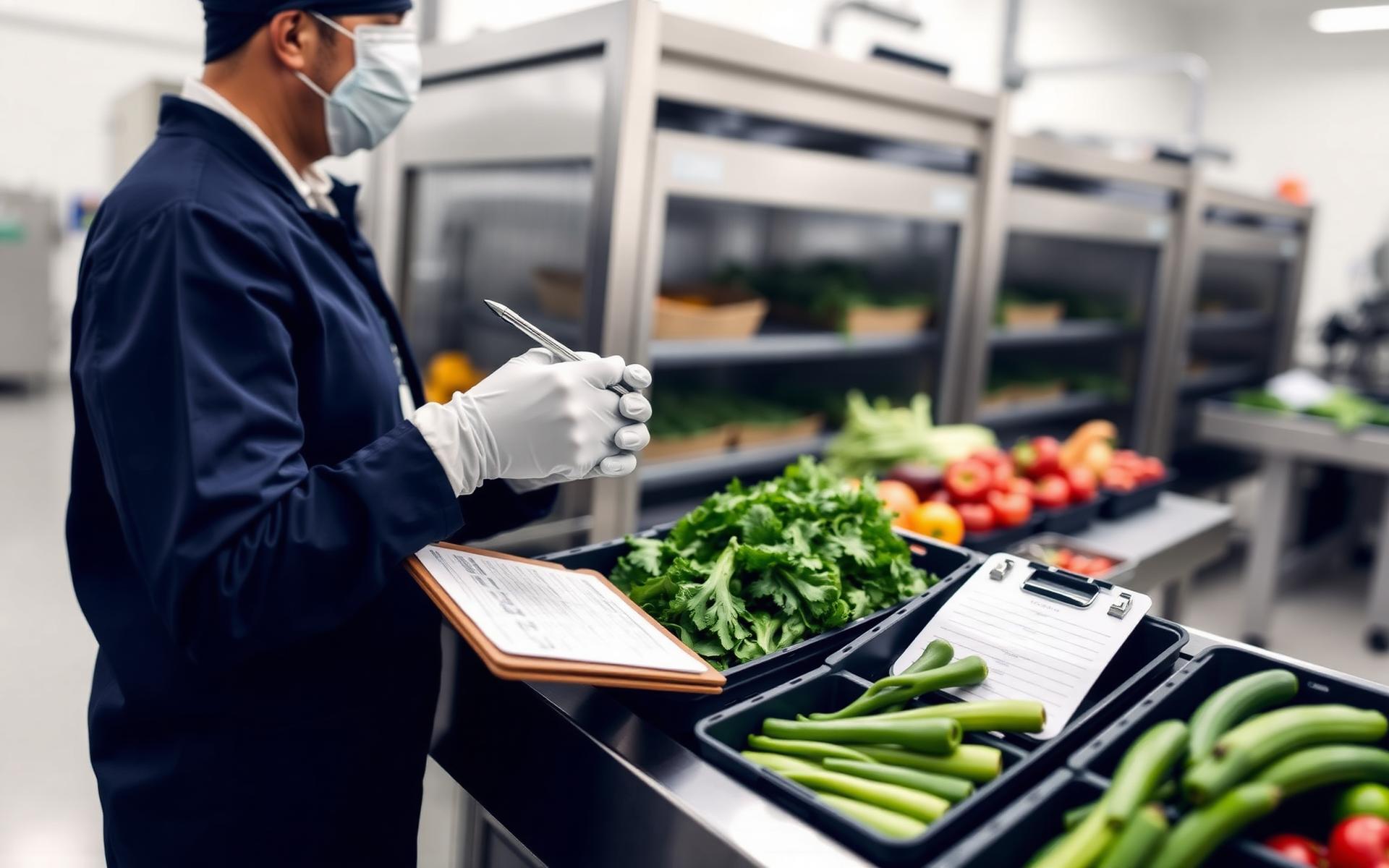 Food safety inspector reviewing fresh produce in a quality control facility